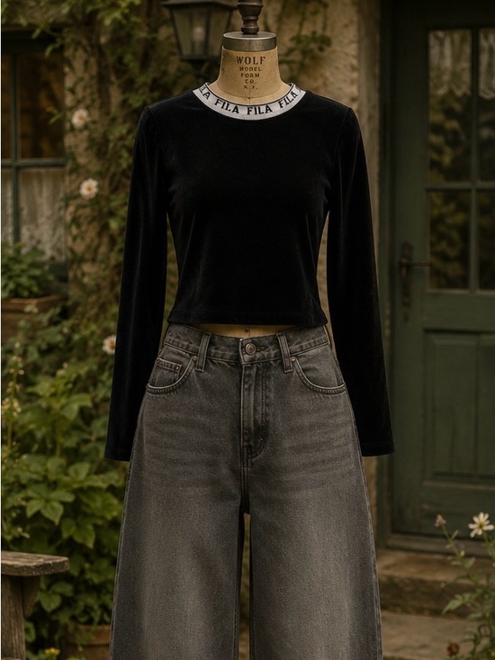 Fila Tops - FILA black velvet long sleeve cropped top